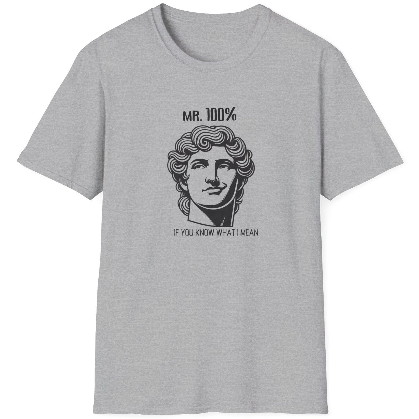 Grey T-Shirt with the face of Alexander the Great and the text "Mr 100%, If you know what I mean"