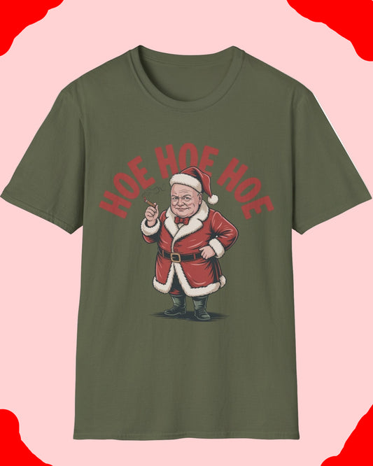 Green t-shirt with a graphic of Santa Claus and 'HOE HOE HOE' text on a white background