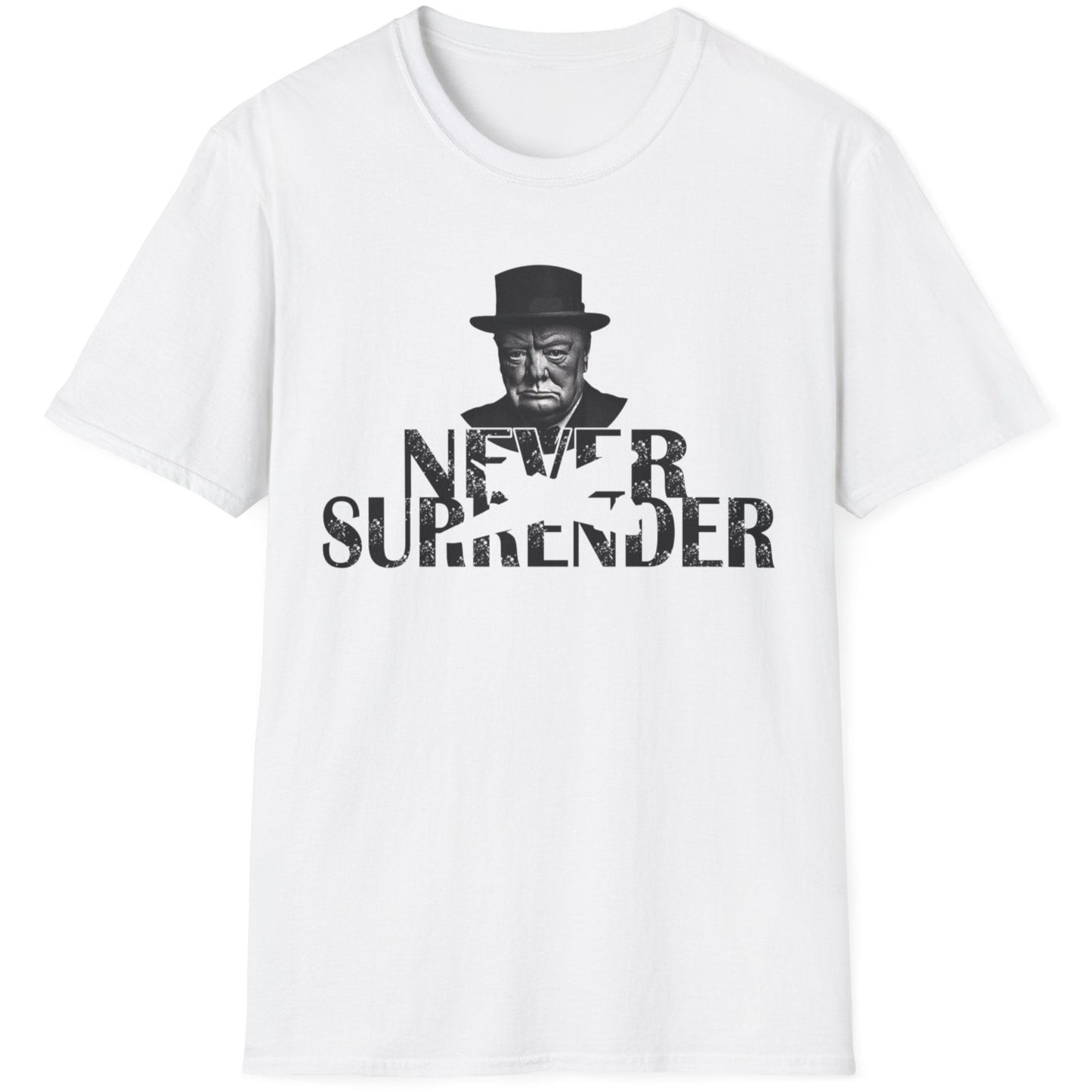 White T-Shirt with the face of Winston Churchill and the text "Never Surrender". Popular mens shirt fashion.