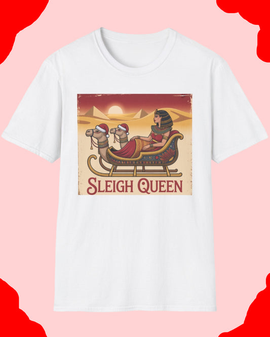 White t-shirt with 'Sleigh Queen' graphic design on a white background