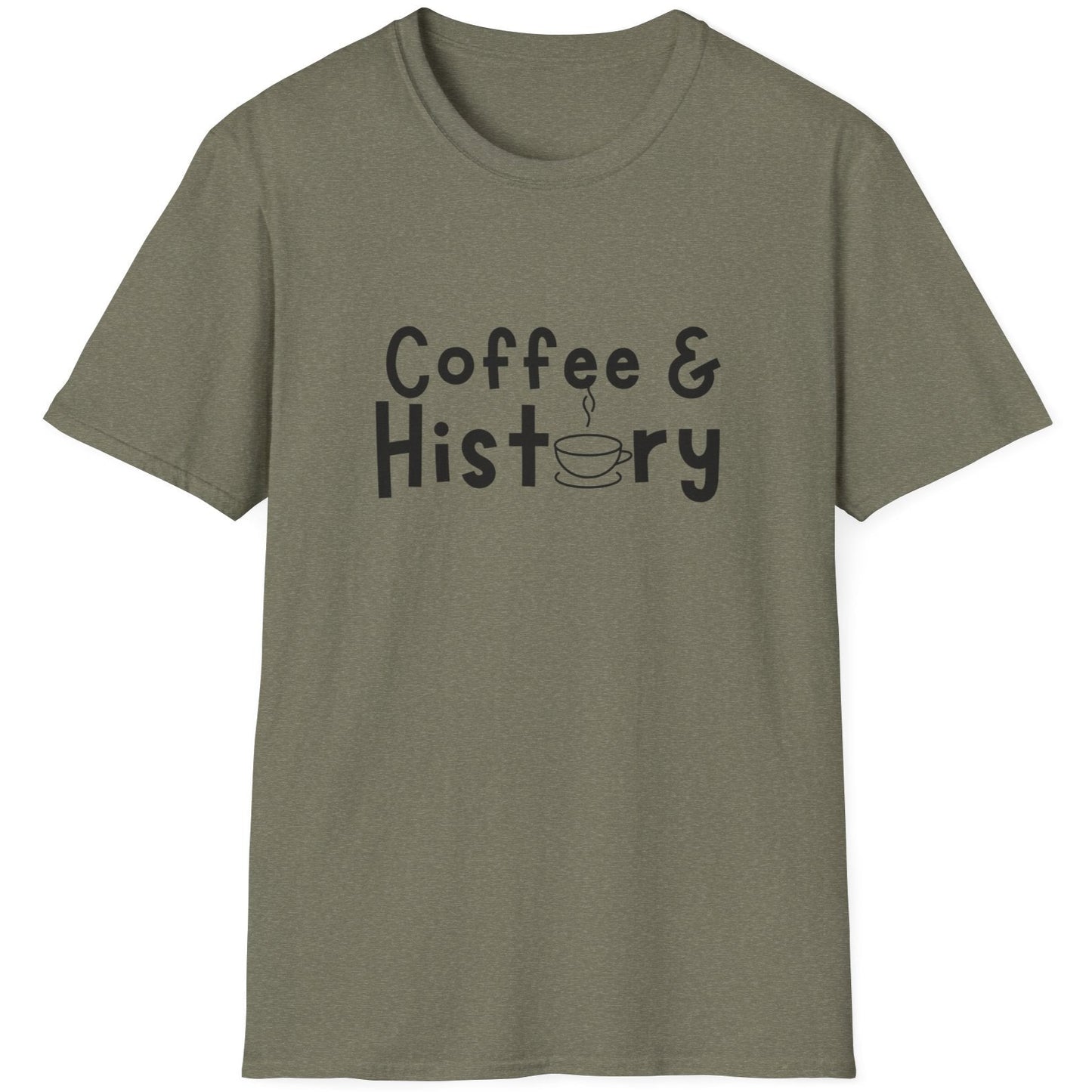 Heather Green T-Shirt with the text "Coffee & History".