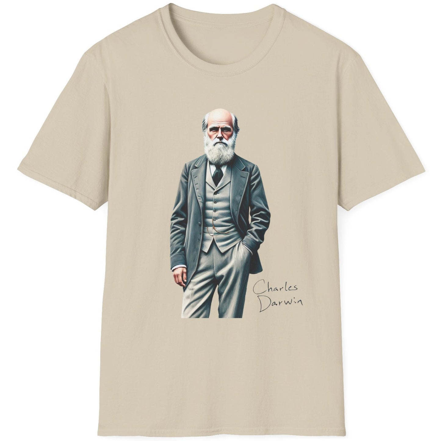 Sand T-Shirt with an image of Charles Darwin dressed in a suit.