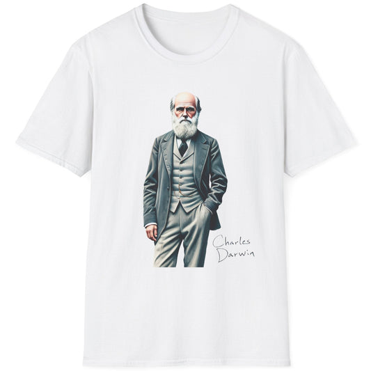 White T-Shirt with an image of Charles Darwin dressed in a suit.