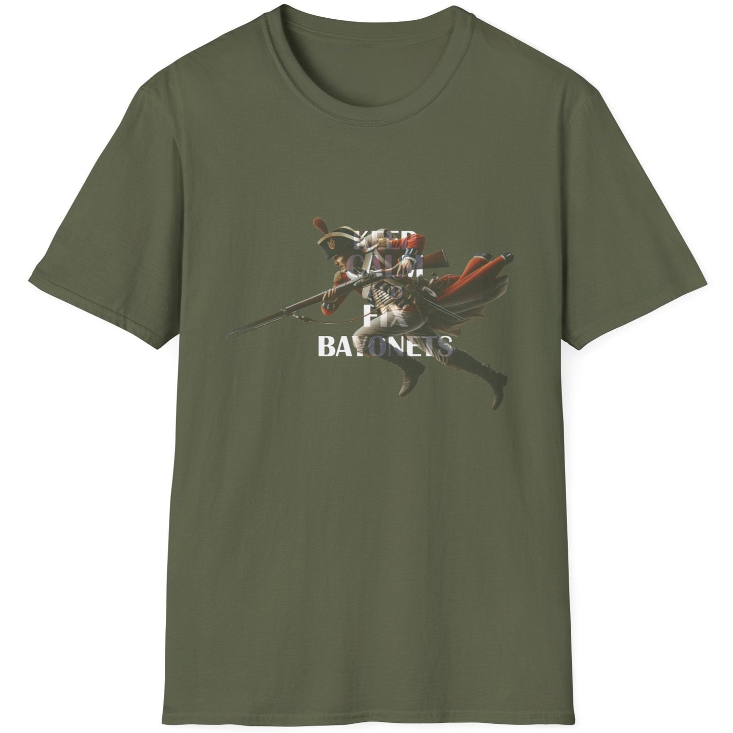 Green T-Shirt with the text "Keep Calm And Fix Bayonets" on top of a image of a old school soldier.