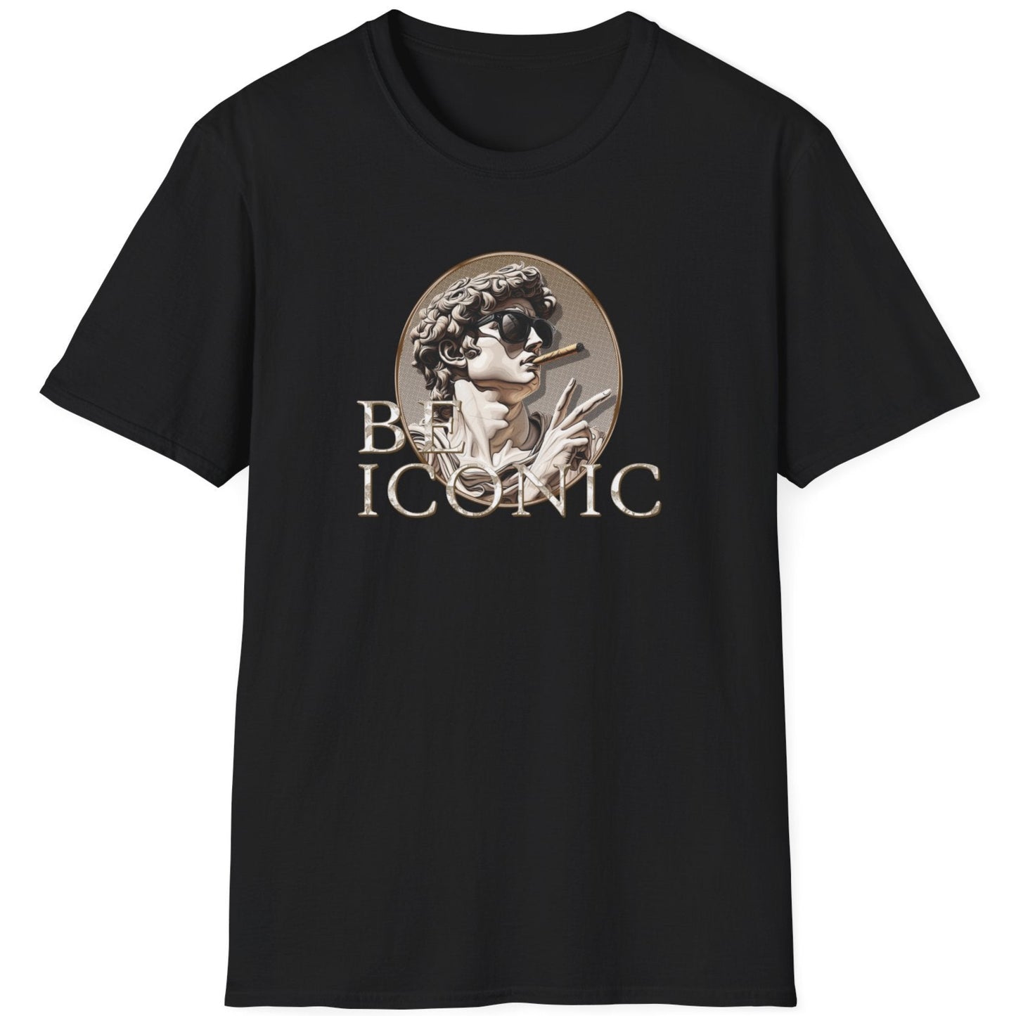 Black T-Shirt with the image of the david statue and the text "Be Iconic"