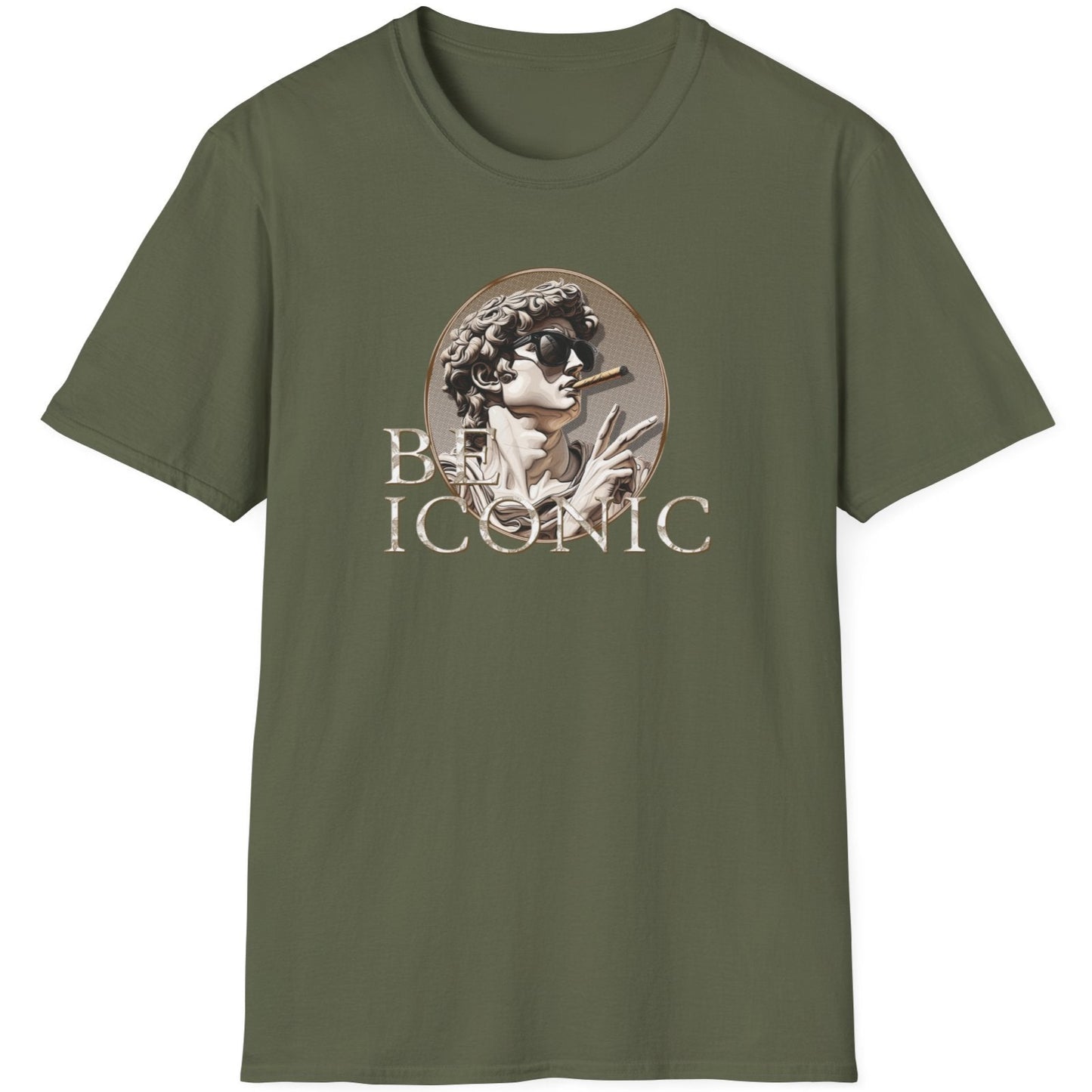 Green T-Shirt with the image of the david statue and the text "Be Iconic"