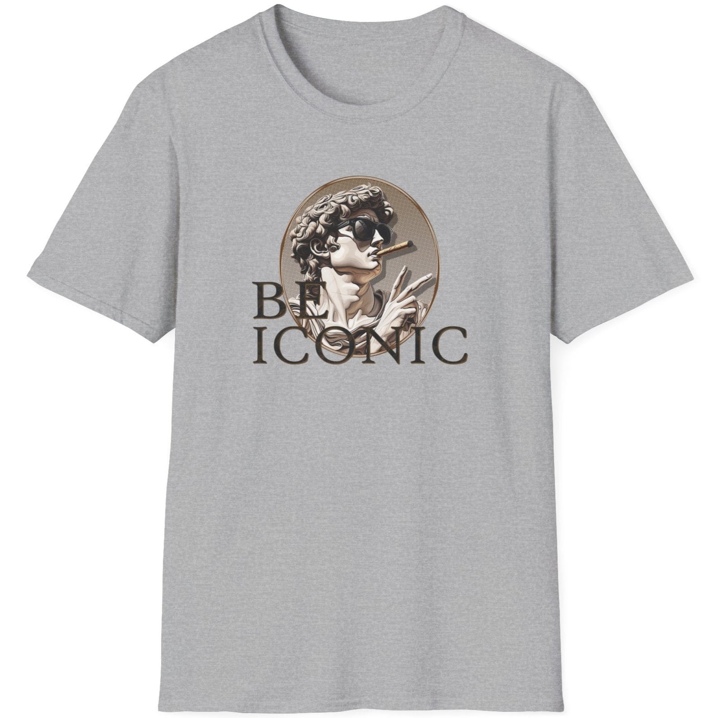 Grey T-Shirt with the image of the david statue and the text "Be Iconic"