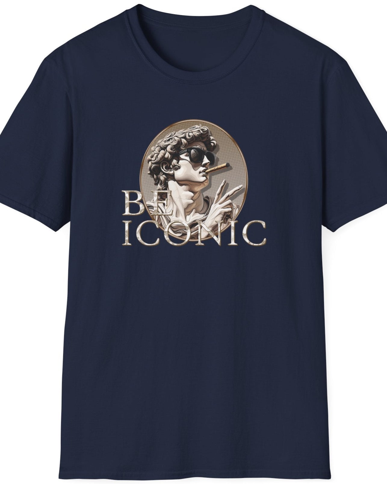Navy T-Shirt with the image of the david statue and the text "Be Iconic"