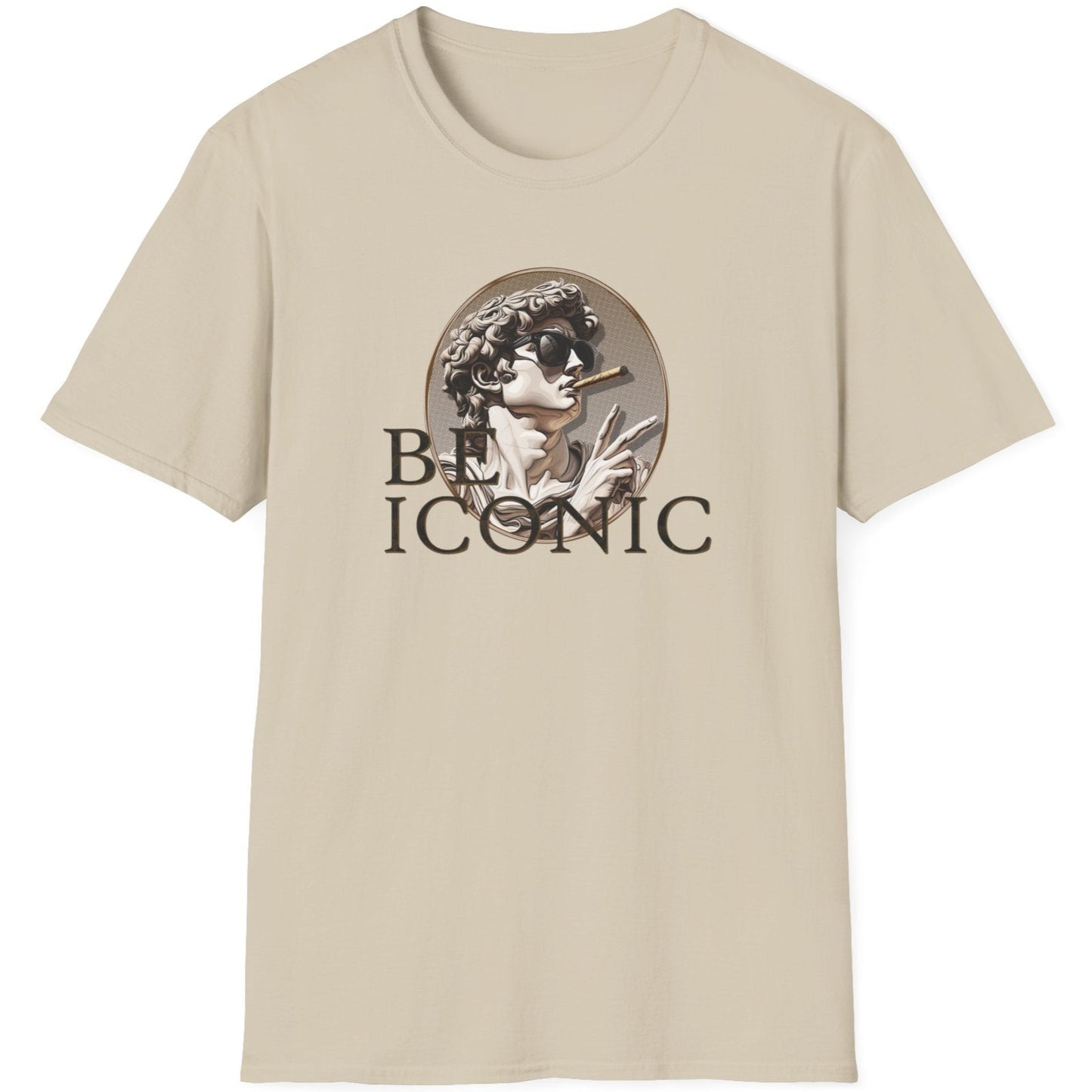 Sand T-Shirt with the image of the david statue and the text "Be Iconic"