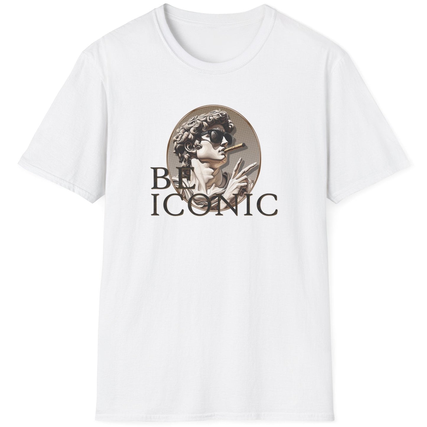 White T-Shirt with the image of the david statue and the text "Be Iconic"