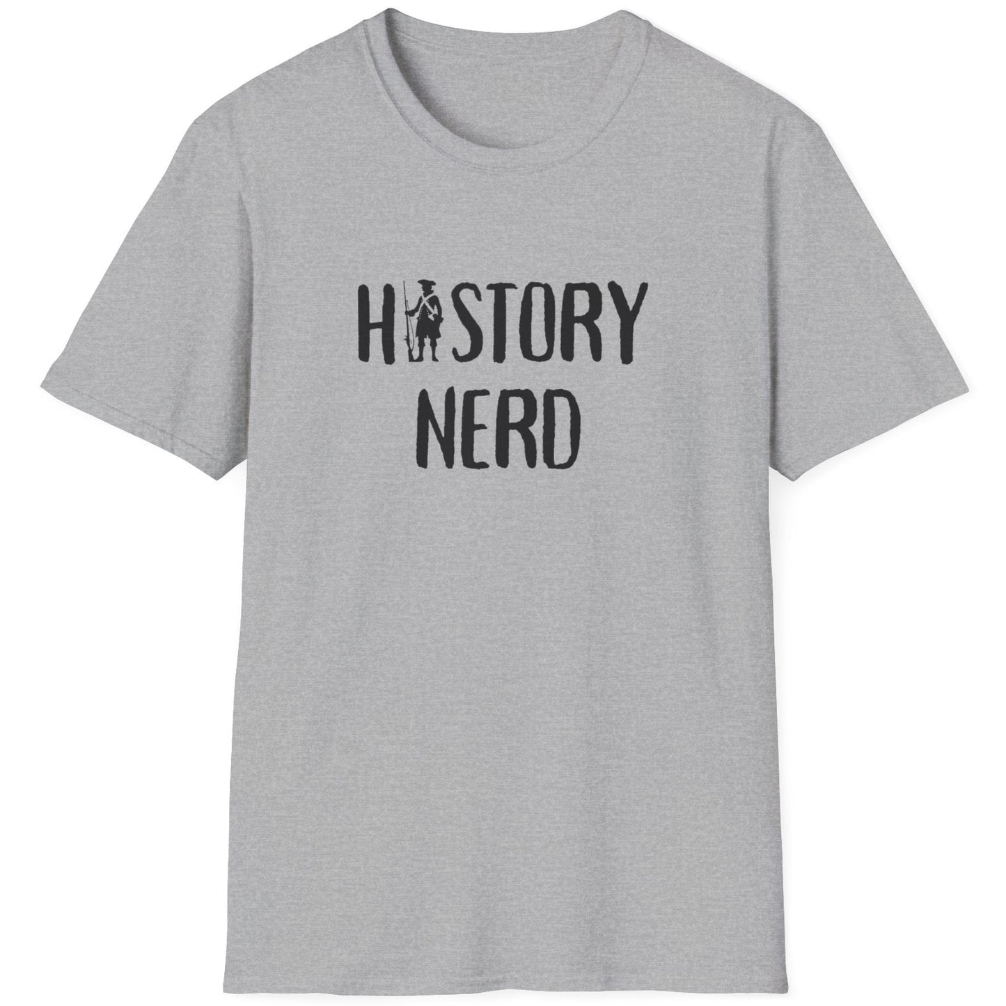 Grey T-Shirt with the text "History Nerd" where the i in History is replaced with a old school soldier holding a rifle.