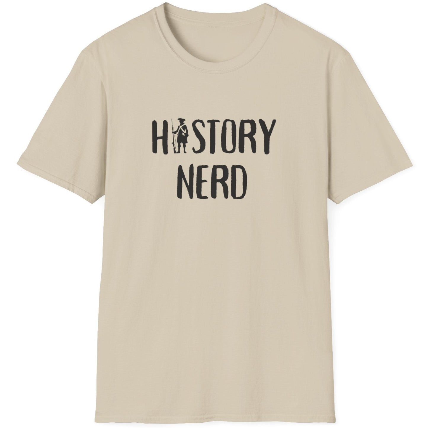 Sand coloured T-Shirt with the text "History Nerd" where the i in History is replaced with a old school soldier holding a rifle.
