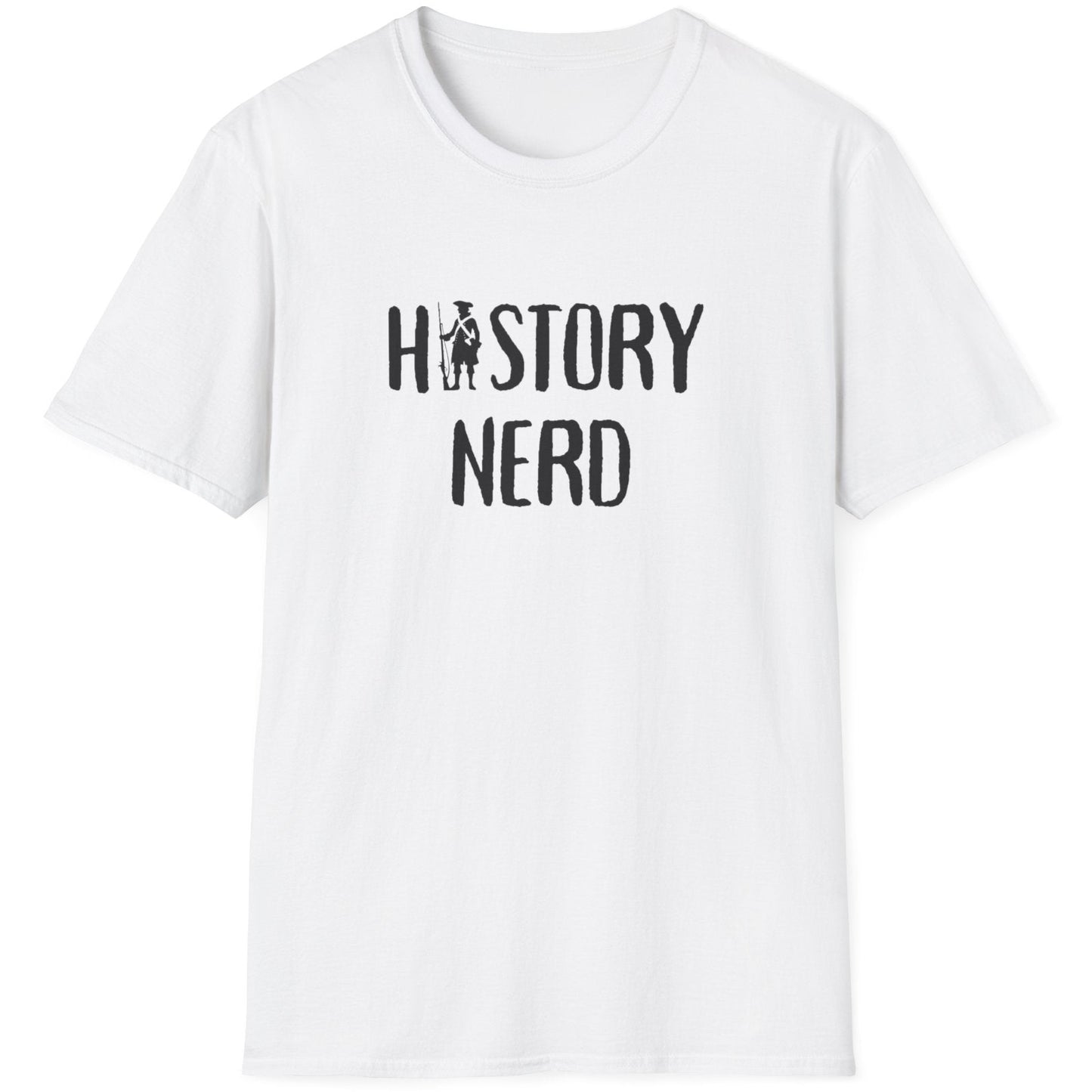 White T-Shirt with the text "History Nerd" where the i in History is replaced with a old school soldier holding a rifle.