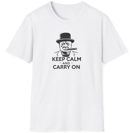 White T-Shirt with an image of Winston Churchill and the text "Keep Calm and Carry On"