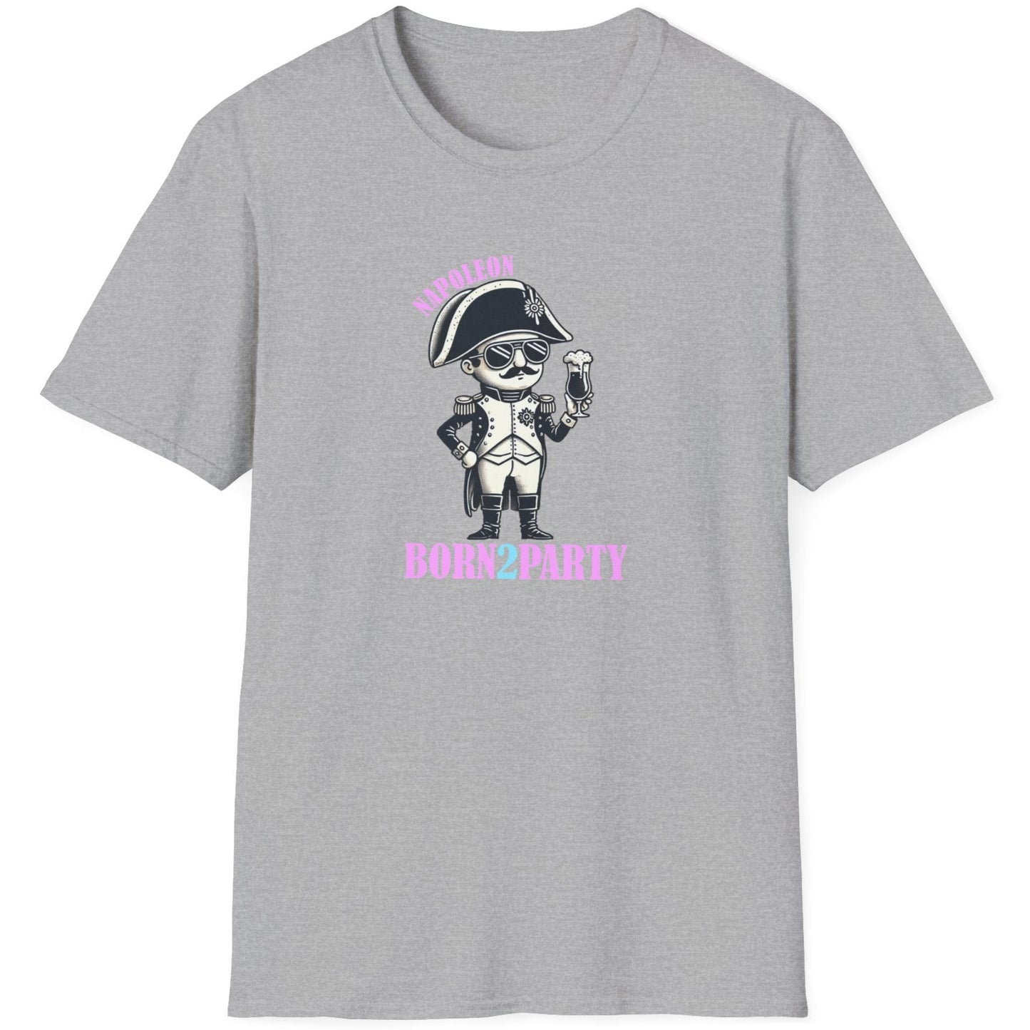 Grey T-Shirt depicturing Napoleon on a party holding a beer. The text is Napoleon, BORN2PARTY