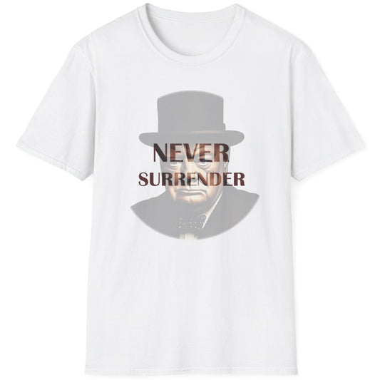 White T-Shirt with the face of Winston Churchill and the text "Never Surrender".