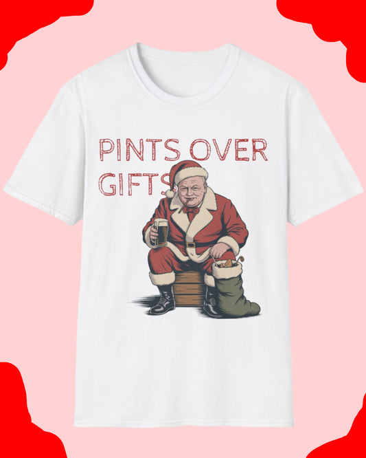 White t-shirt with a graphic of Santa Claus holding a beer mug and text 'Pints Over Gifts' on a white background.