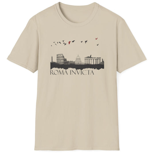 Sand coloured T-Shirt with the text "Roma Invicta" in black and some of Romes skyline with colourful birds in the sky.