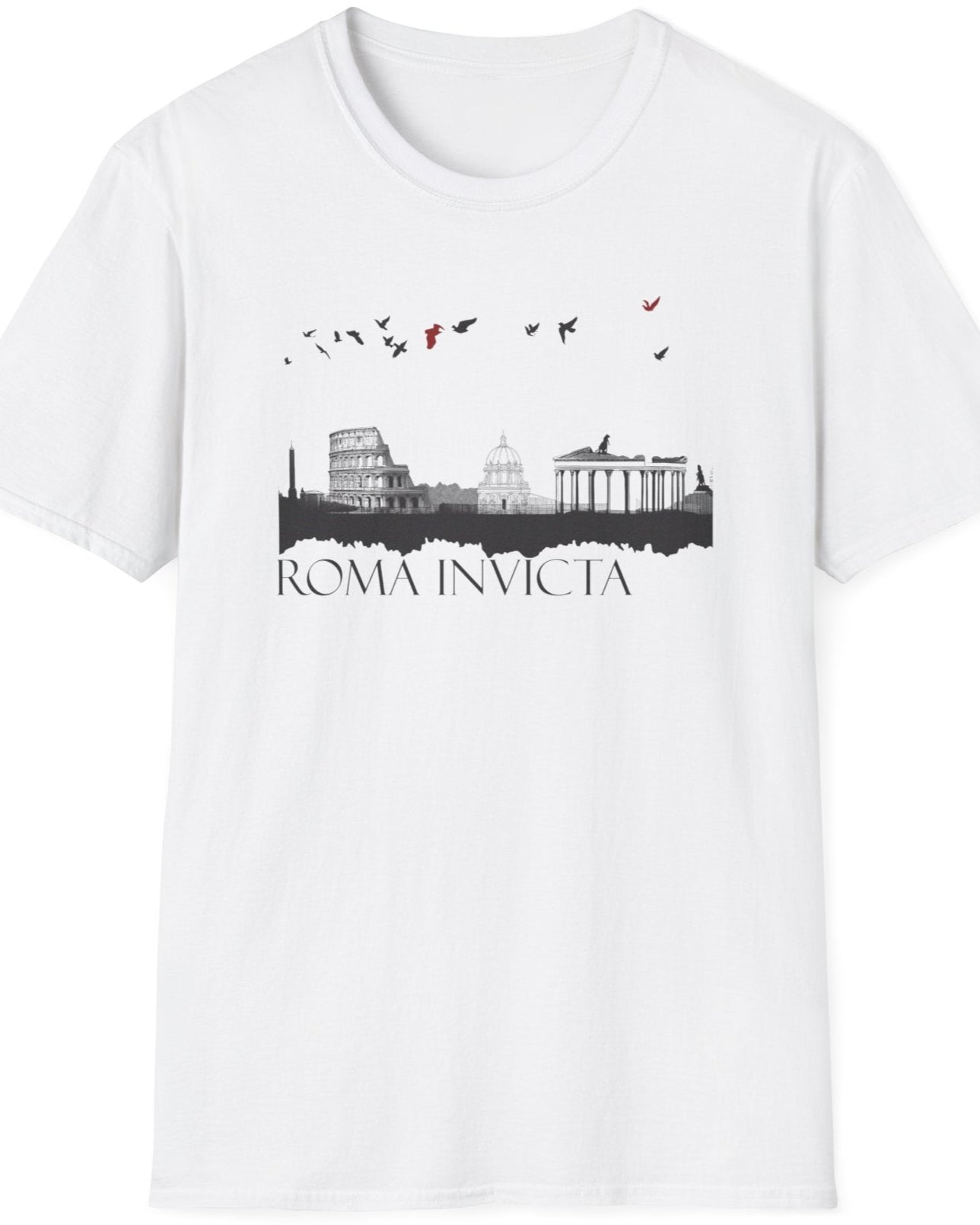 White T-Shirt with the text "Roma Invicta" in black and some of Romes skyline with colourful birds in the sky.
