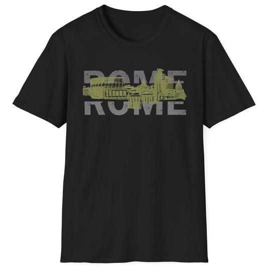 Black T-shirt with the skyline of rome and the text "Rome".