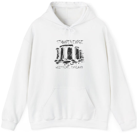 White Hoodie with the text "Stonehenge" and a image of Stonehenge.