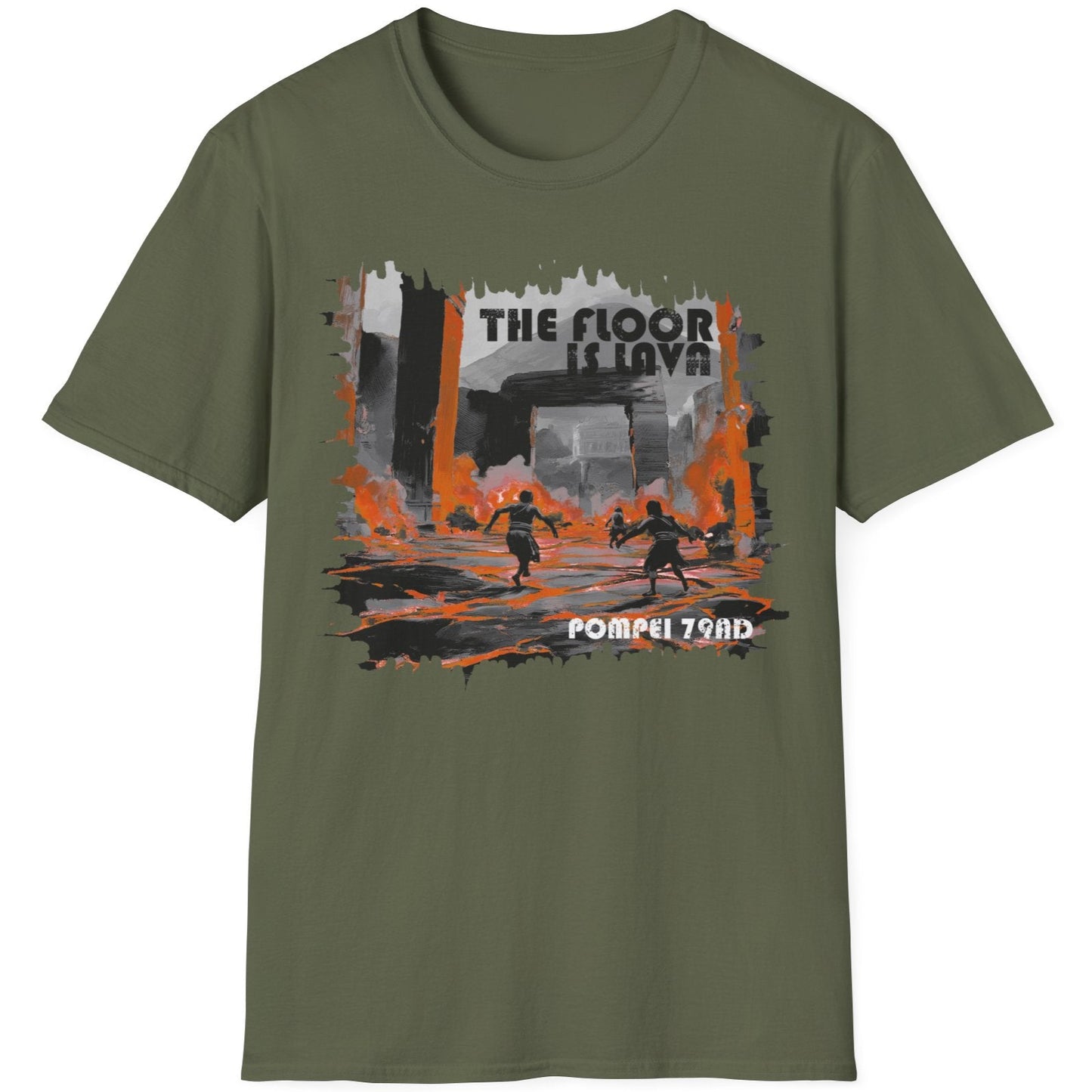 Green T-Shirt with the text "The floor is Lava" and a image of poeple dodging lava in Pompei.