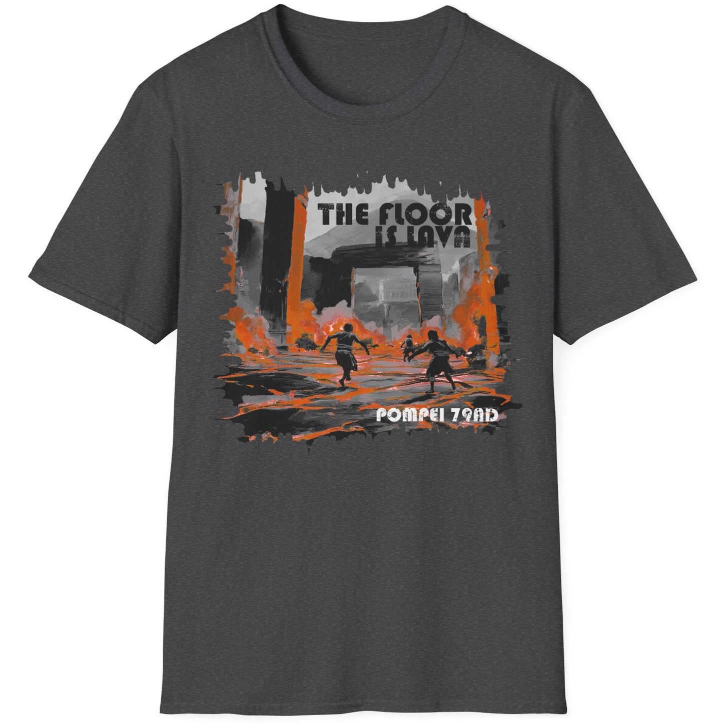 Heather grey coloured T-Shirt with the text "The floor is Lava" and a image of poeple dodging lava in Pompei.