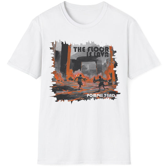 Black T-Shirt with the text "The floor is Lava" and a image of poeple dodging lava in Pompei.