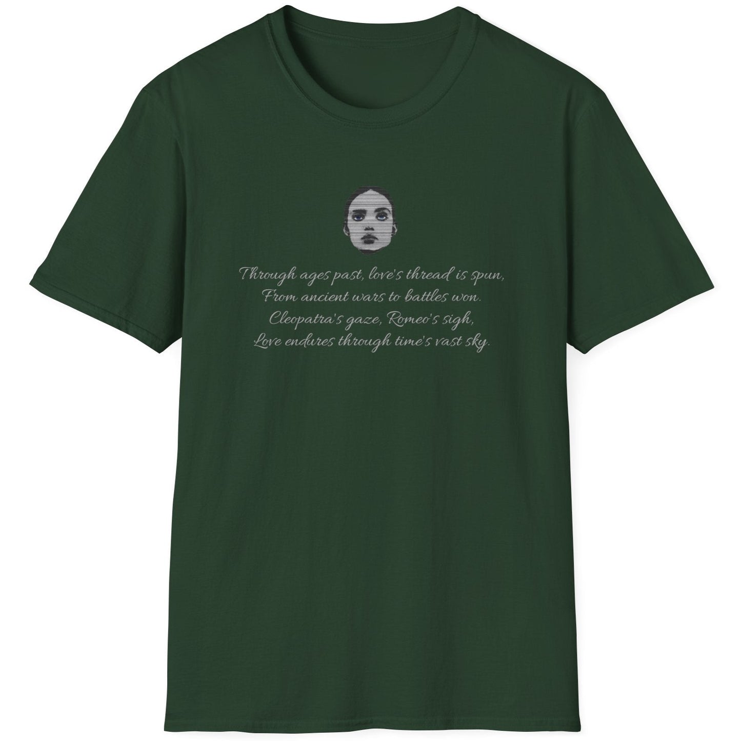 Forst green T-Shirt with an image of a girl and a poem about history,