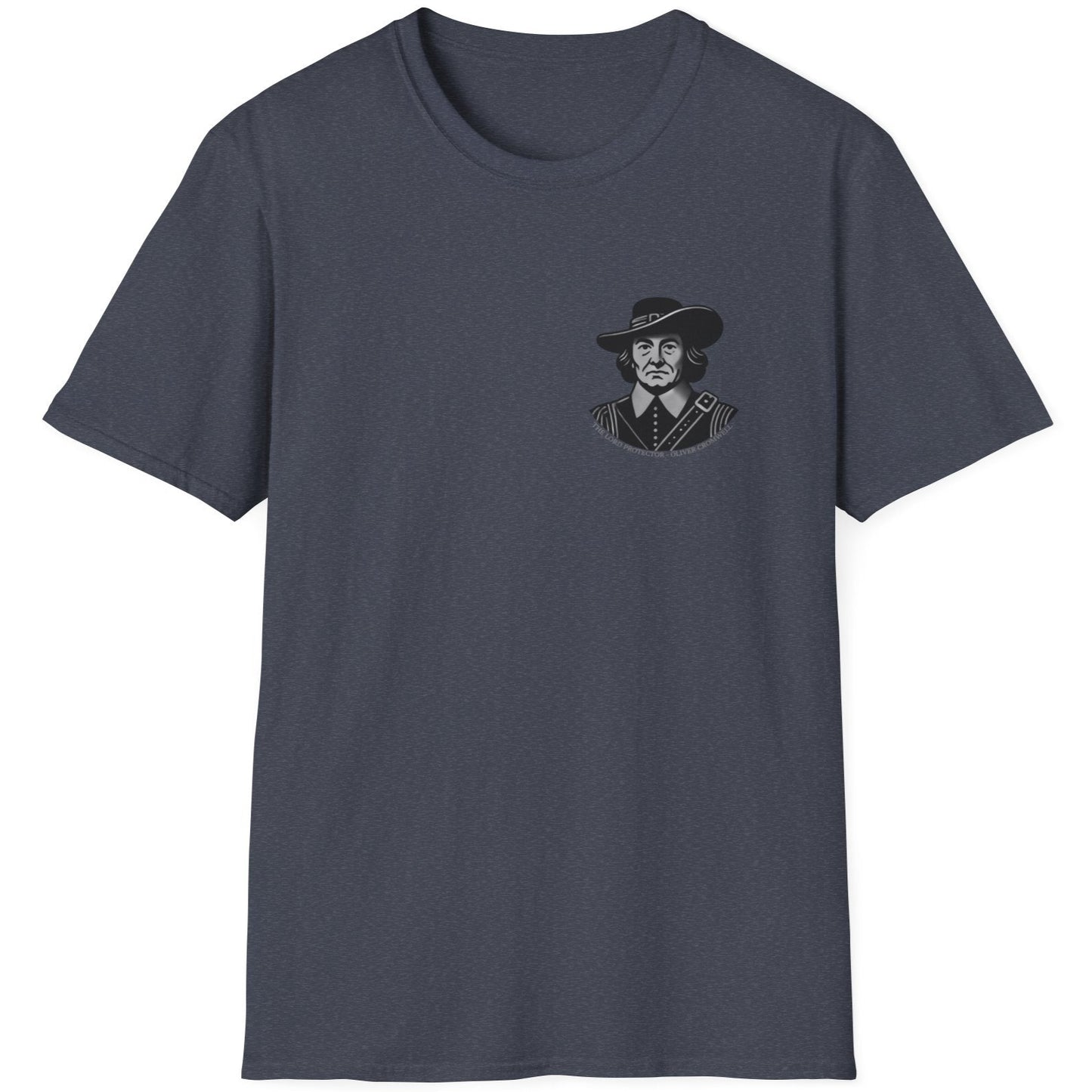 Heather Navy T-Shirt with Oliver Cromwell as the Lord Protector.