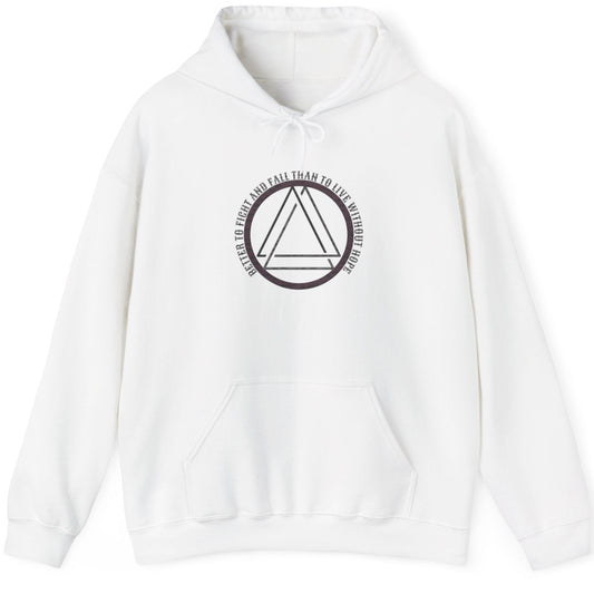 White Hoodie with the text "Better to fight and fall than to live without hope" and a image of the valknut.