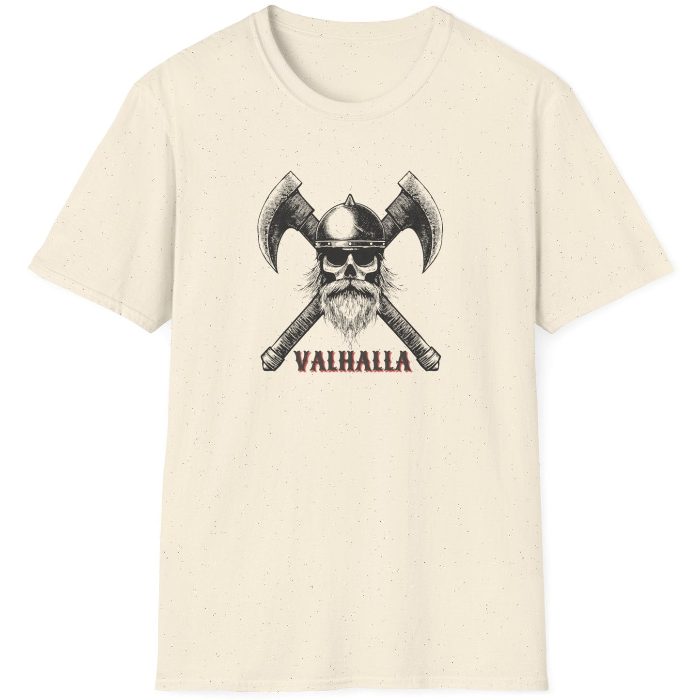 Natural coloured T-Shirt with the text VALHALLA and image of a scull of a viking and 2 axes that are crossed.