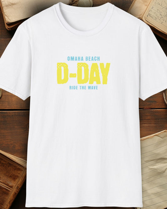 white tshirt with the text "Omaha beach, D-Day, Ride the wave"