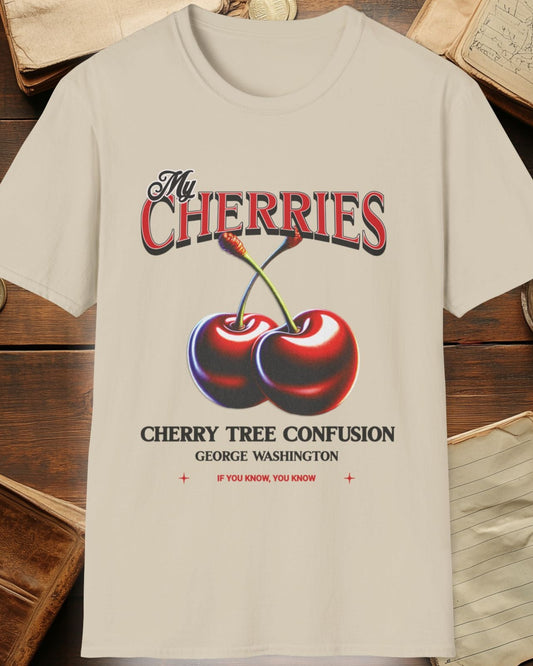 sand tshirt with charries and the text "The cherries, cherry tree confusion"