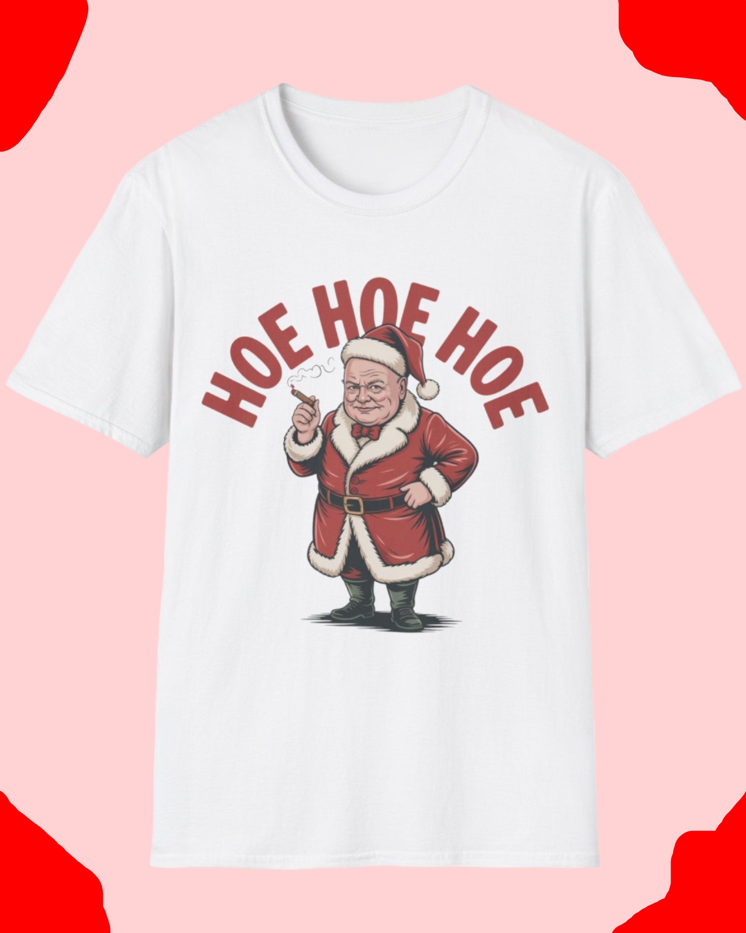 White t-shirt with a graphic of a cartoon Santa Claus and text 'HOE HOE HOE' on a white background