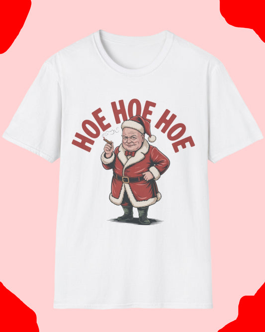White t-shirt with a graphic of a cartoon Santa Claus and text 'HOE HOE HOE' on a white background