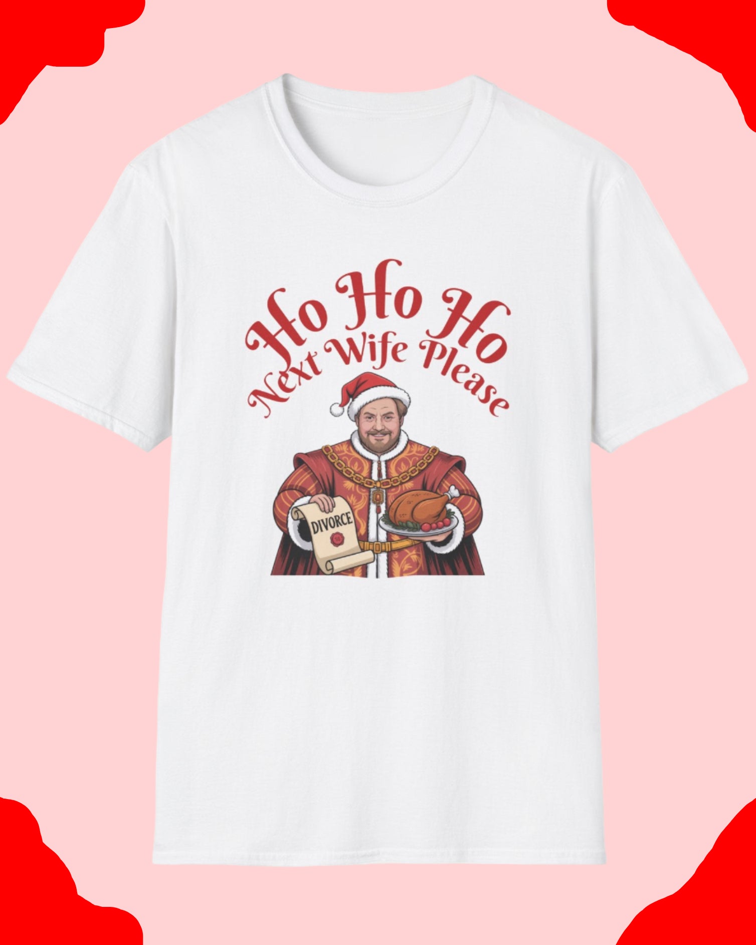 White t-shirt with Christmas-themed graphic and text on a white background