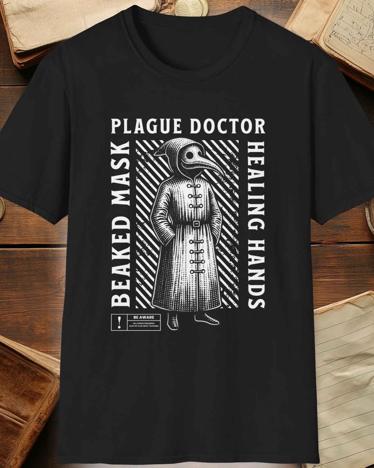 black shirt with the plague doctor and the text "beaked mask,plague doctor, healing hands"