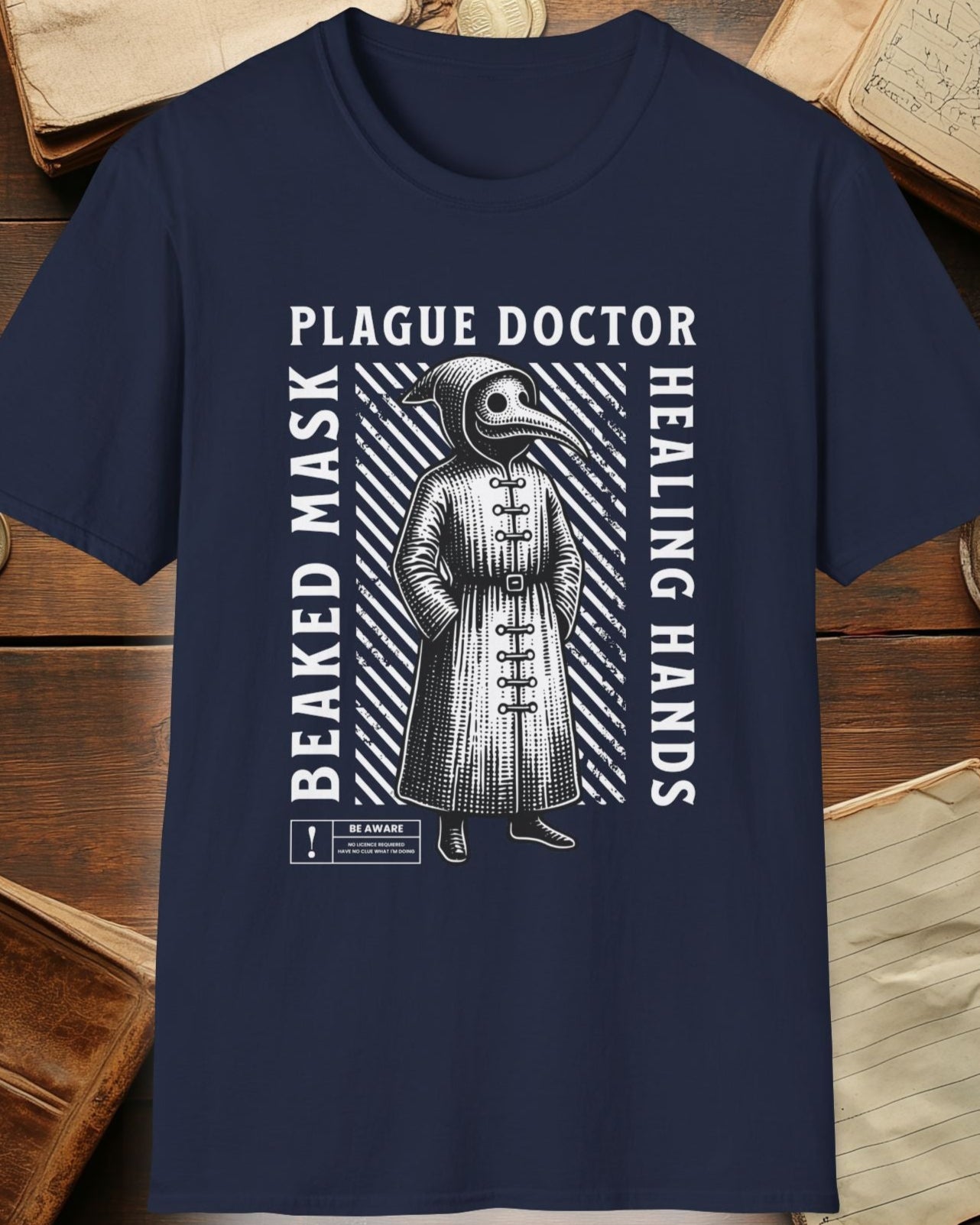 navy shirt with the plague doctor and the text "beaked mask,plague doctor, healing hands"