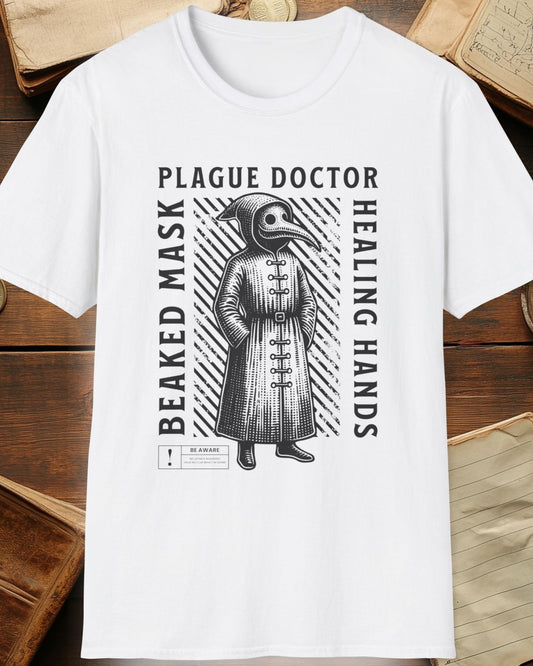 white shirt with the plague doctor and the text "beaked mask,plague doctor, healing hands"