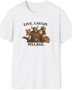 A white short-sleeve crewneck t-shirt featuring a graphic of a Viking warrior in armor with the text 'LIVE. LAUGH.
