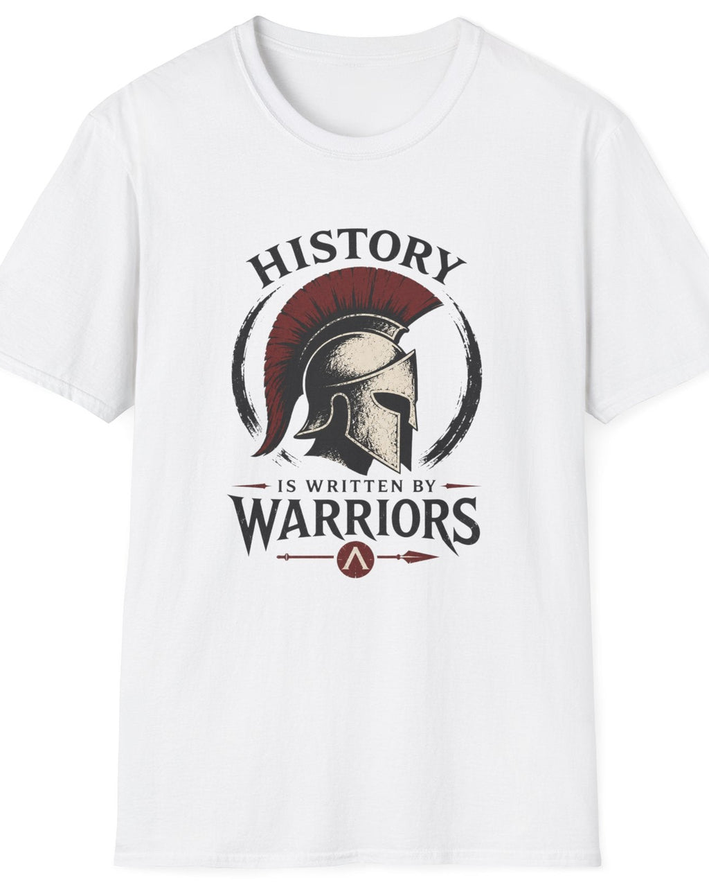 A white short-sleeve crewneck t-shirt featuring a distressed graphic print on the front with a Spartan helmet, a red Spartan helmet crest, and the text 'HISTORY IS WRITTEN BY WARRIORS' with a small Spartan helmet logo underneath.