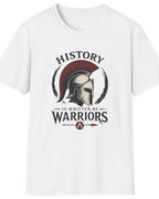 A white short-sleeve crewneck t-shirt featuring a distressed graphic print on the front with a Spartan helmet, a red Spartan helmet crest, and the text 'HISTORY IS WRITTEN BY WARRIORS' with a small Spartan helmet logo underneath.