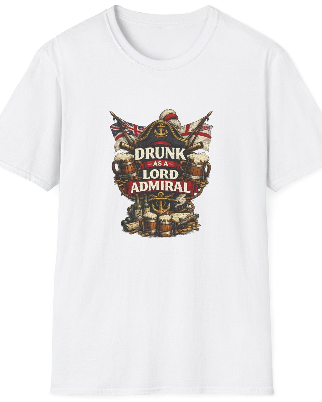 A white short-sleeve crewneck t-shirt featuring a central graphic print of a pirate with a hat and beard, surrounded by beer mugs and the text 'DRUNK AND LORD ADMIRAL'.