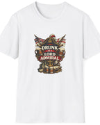 A white short-sleeve crewneck t-shirt featuring a central graphic print of a pirate with a hat and beard, surrounded by beer mugs and the text 'DRUNK AND LORD ADMIRAL'.