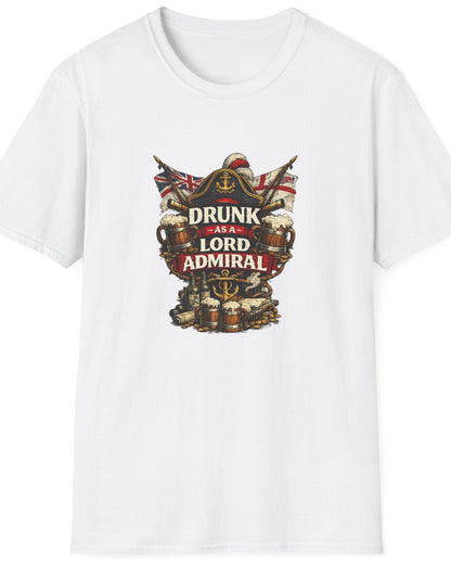 A white short-sleeve crewneck t-shirt featuring a central graphic print of a pirate with a hat and beard, surrounded by beer mugs and the text 'DRUNK AND LORD ADMIRAL'.