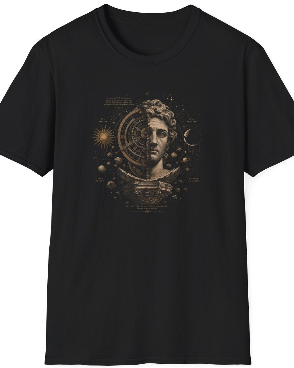 Astrology Muse T-Shirt — Cosmic Statue Sun & Moon Graphic Tee