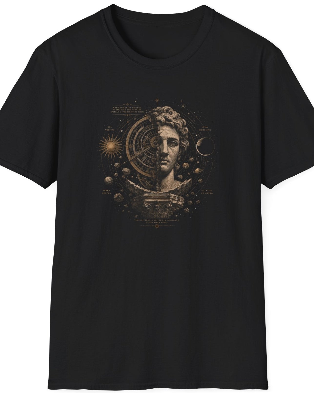 Astrology Muse T-Shirt — Cosmic Statue Sun & Moon Graphic Tee