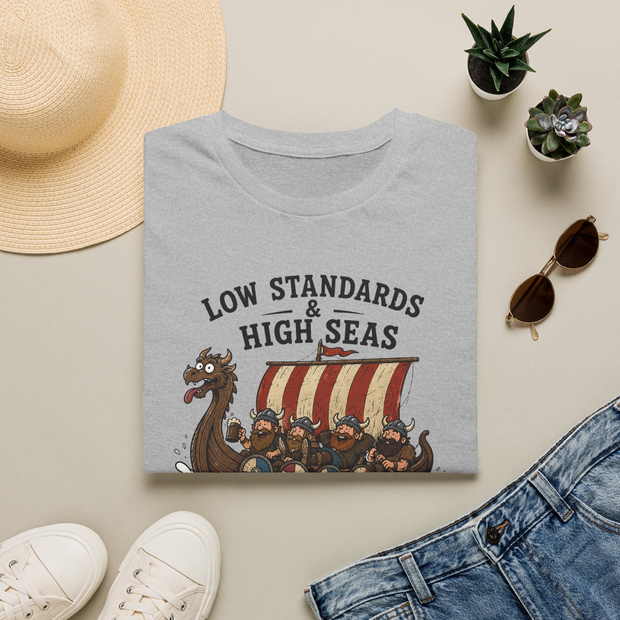 Viking Ship Tee — "Low Standards & High Seas" Graphic T-Shirt