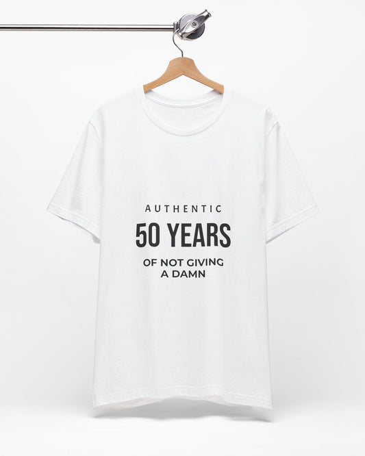 White t-shirt with black text on a white background